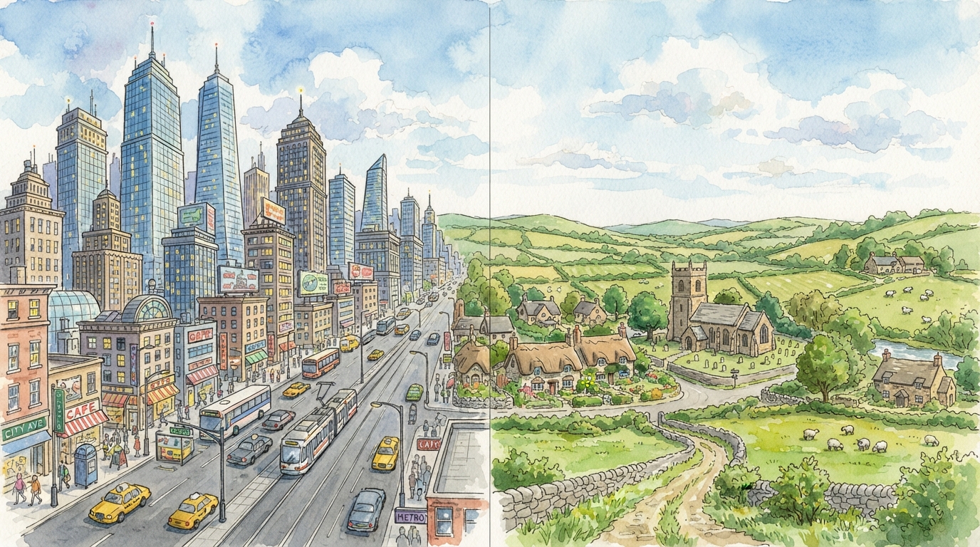 Une image partagée en deux : à gauche, une avenue de grande ville avec des gratte-ciel, des bus et des taxis ; à droite, un village paisible avec une église, des maisons au toit de chaume et des moutons dans les prés